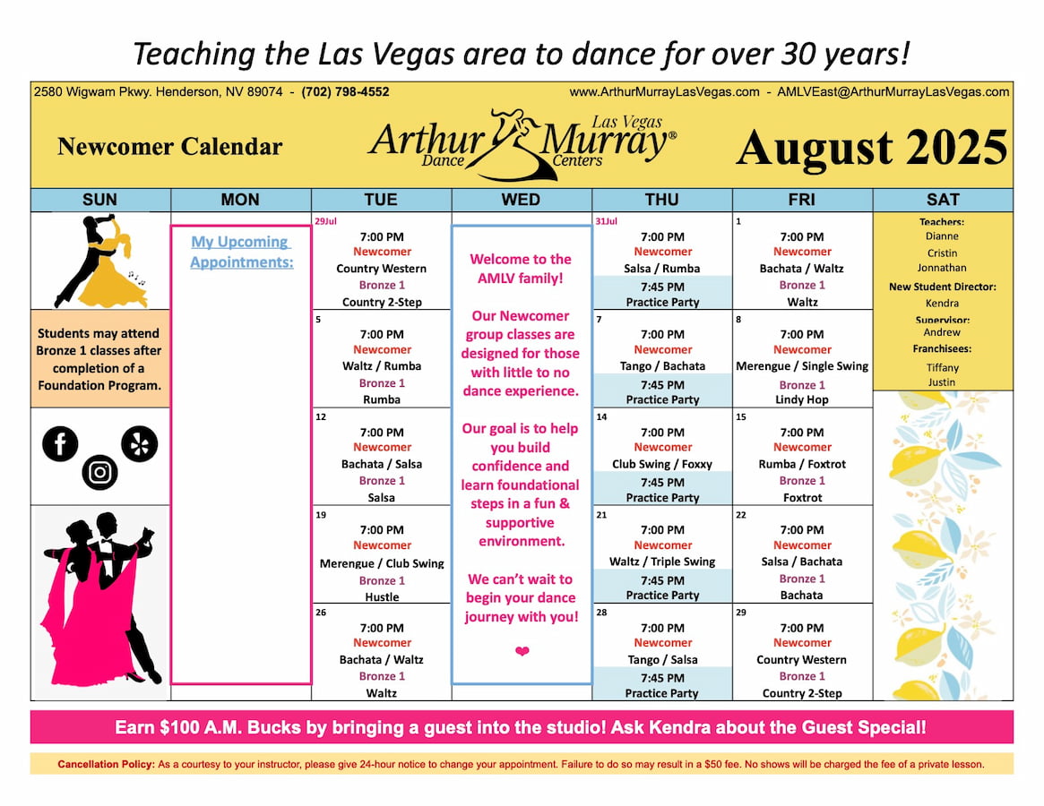 Arthur Murray Las Vegas East Newcomer Group Class Calendar